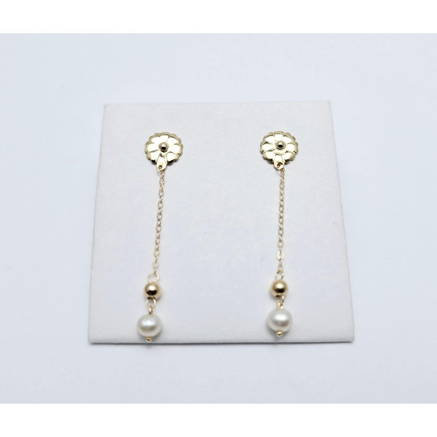 14K Yellow Gold Drop Dangle Bead Ball Pearl Stud Earrings