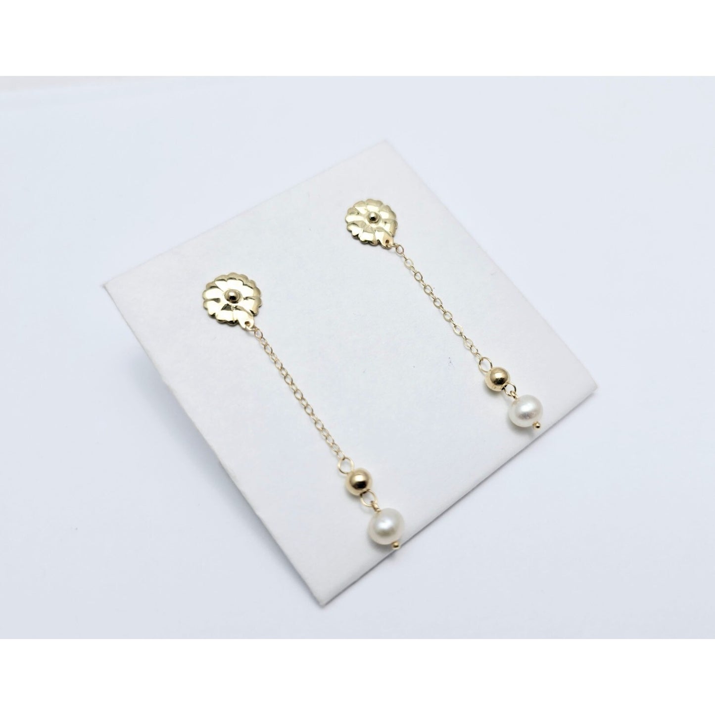 14K Yellow Gold Drop Dangle Bead Ball Pearl Stud Earrings
