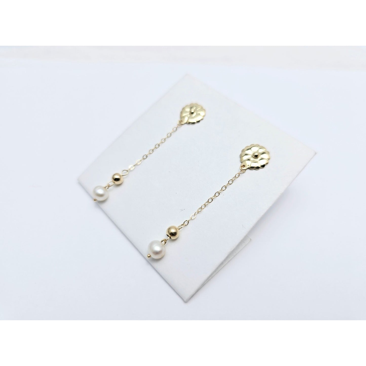 14K Yellow Gold Drop Dangle Bead Ball Pearl Stud Earrings
