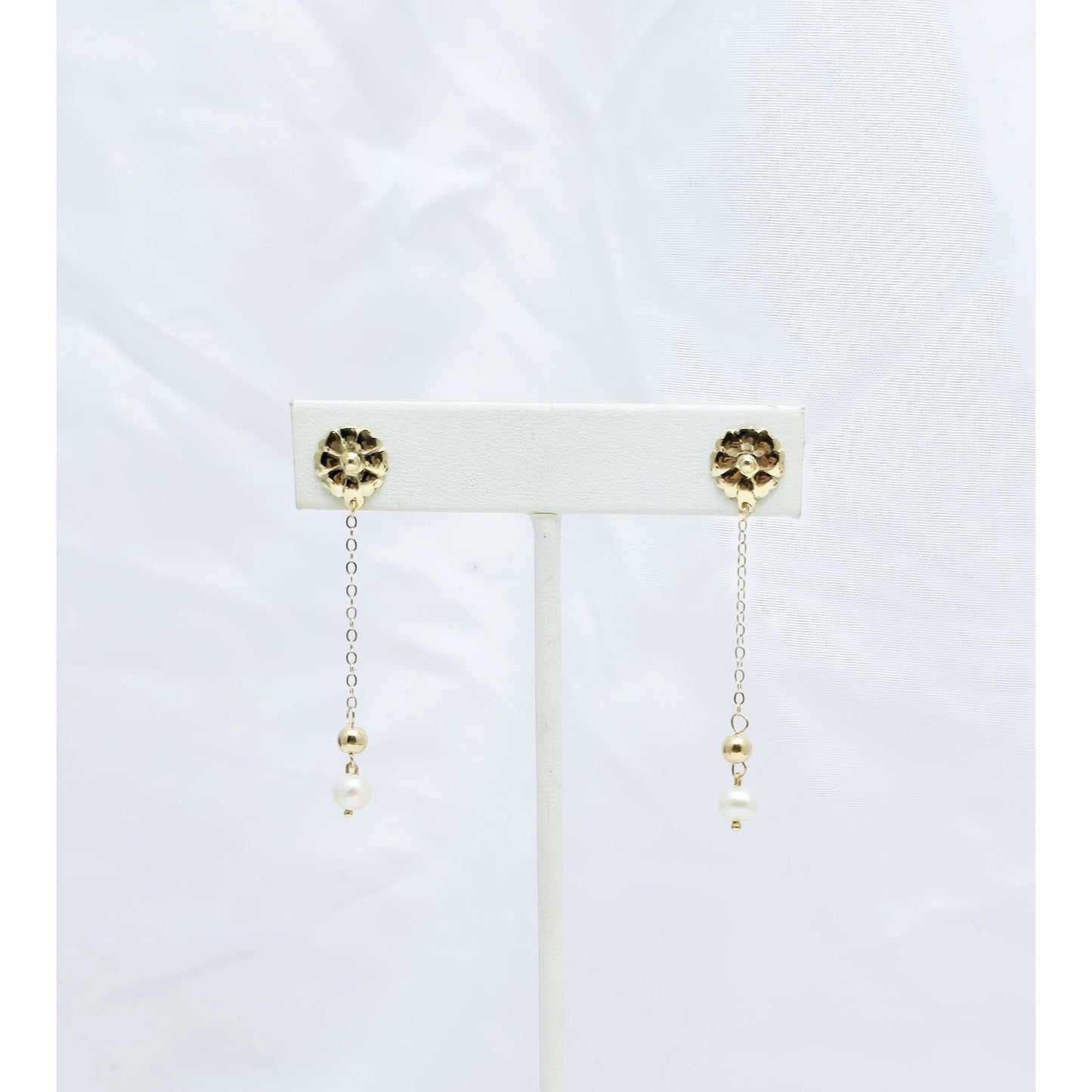 14K Yellow Gold Drop Dangle Bead Ball Pearl Stud Earrings