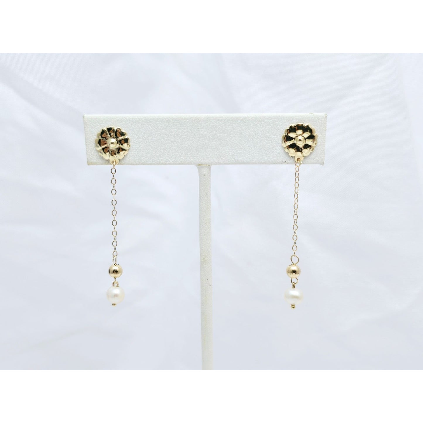 14K Yellow Gold Drop Dangle Bead Ball Pearl Stud Earrings