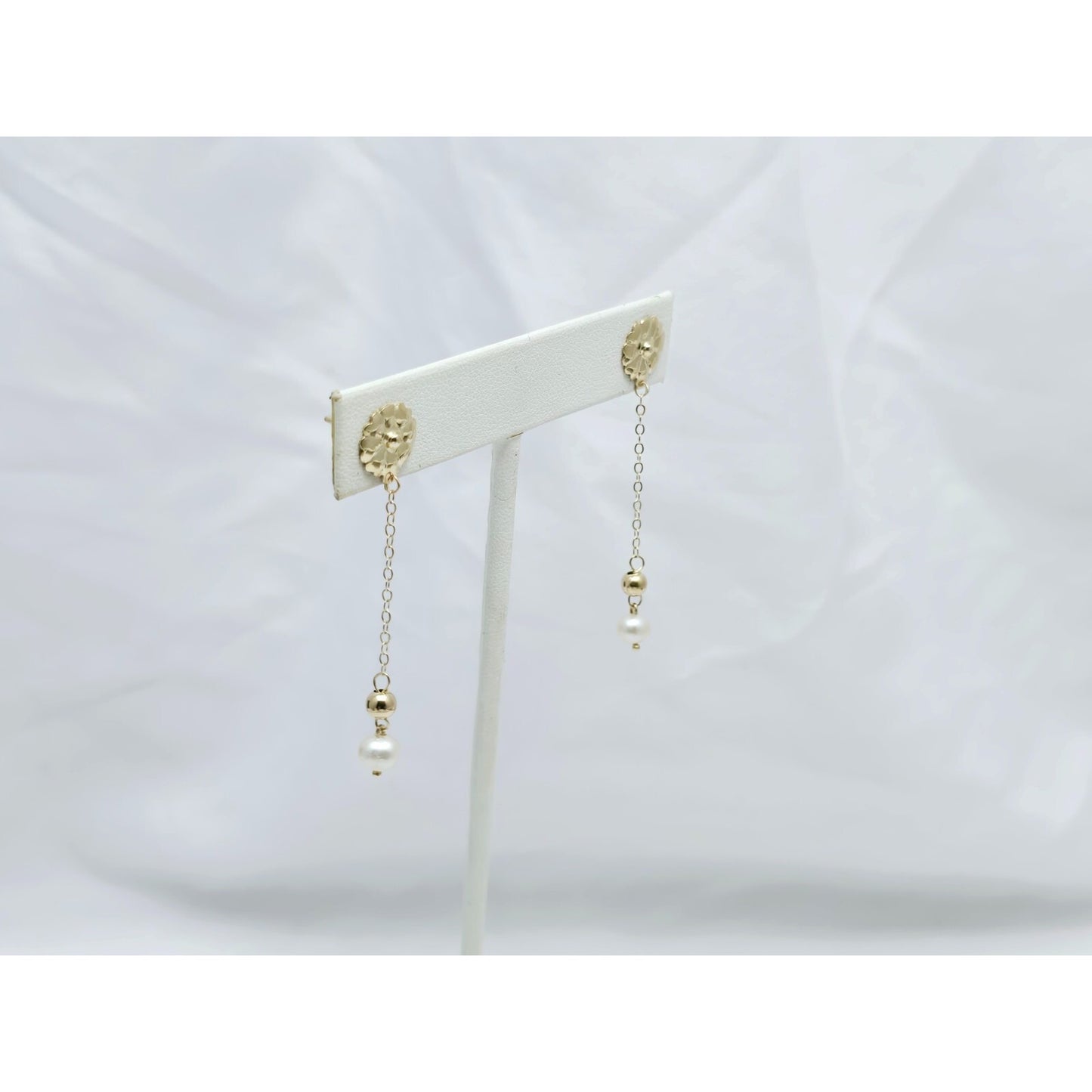 14K Yellow Gold Drop Dangle Bead Ball Pearl Stud Earrings