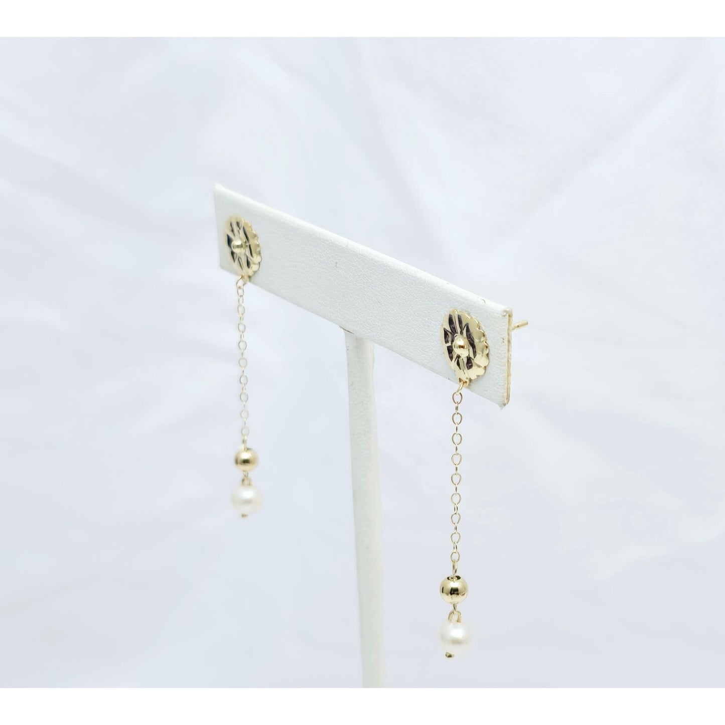 14K Yellow Gold Drop Dangle Bead Ball Pearl Stud Earrings