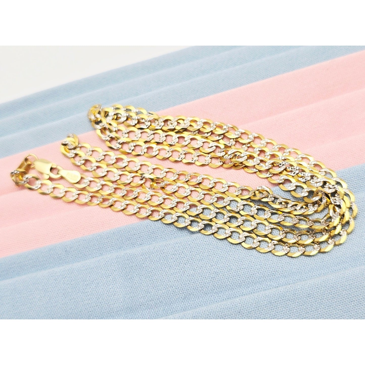 14K Two Tone Gold Diamond Cut Flat Curb Link Chain Necklace