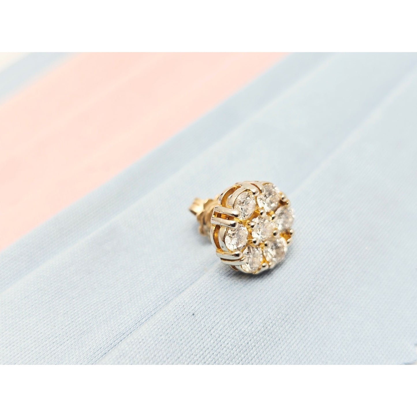 Single 14K Two Tone Gold Diamond Flower Round Stud Earring