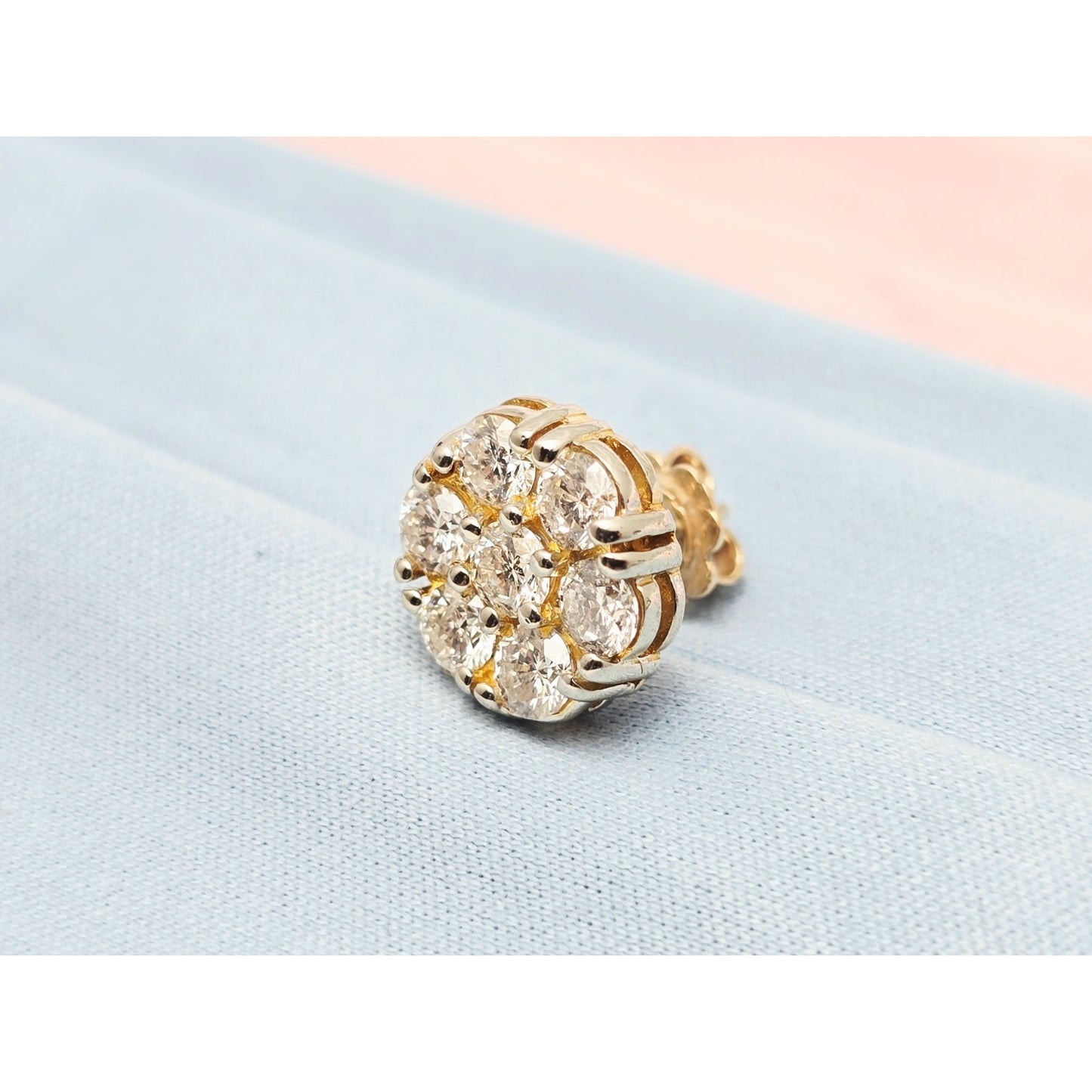 Single 14K Two Tone Gold Diamond Flower Round Stud Earring