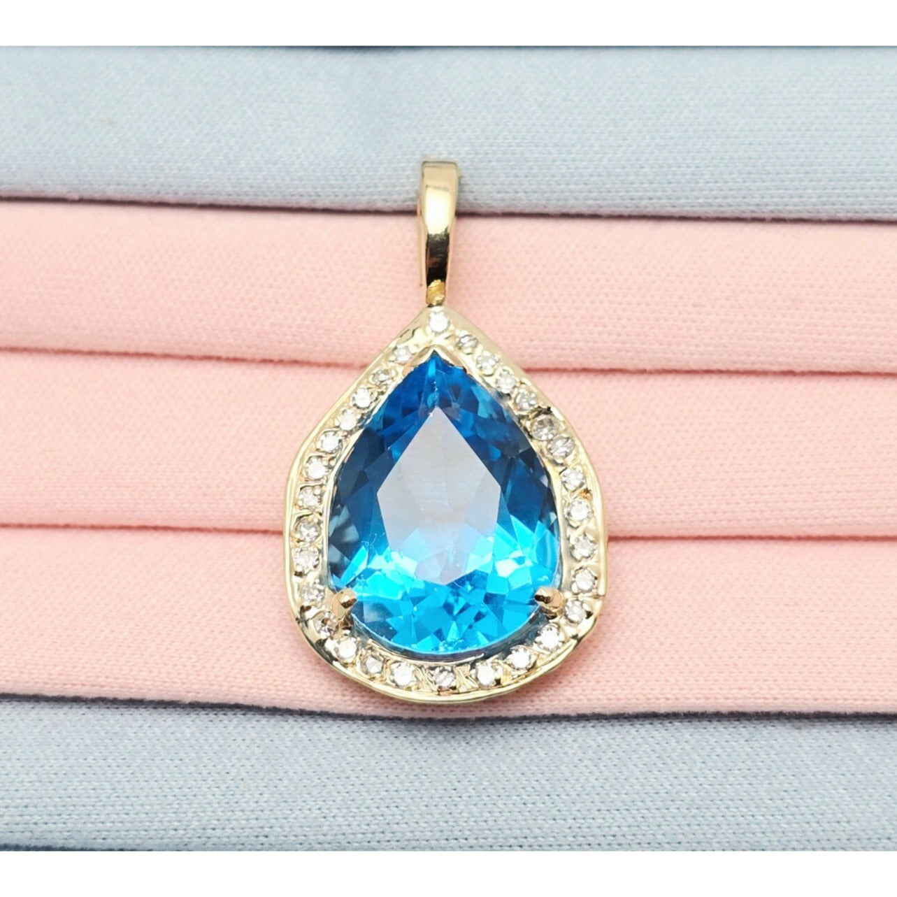 14K Yellow Gold Blue Teardrop Topaz & Diamond Drop Charm Pendant