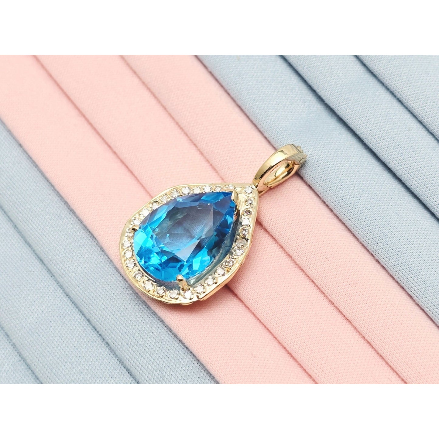 14K Yellow Gold Blue Teardrop Topaz & Diamond Drop Charm Pendant