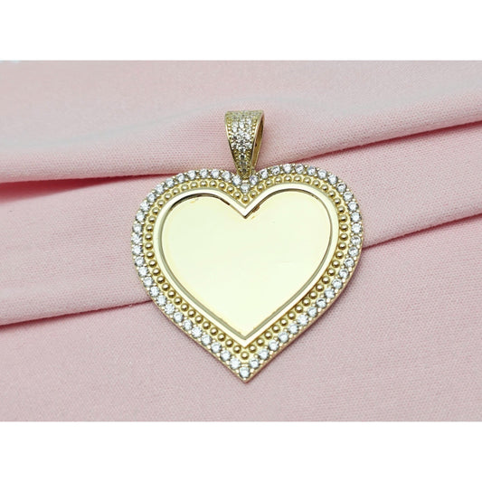10K Yellow Gold Picture Frame Heart CZ Charm Pendant