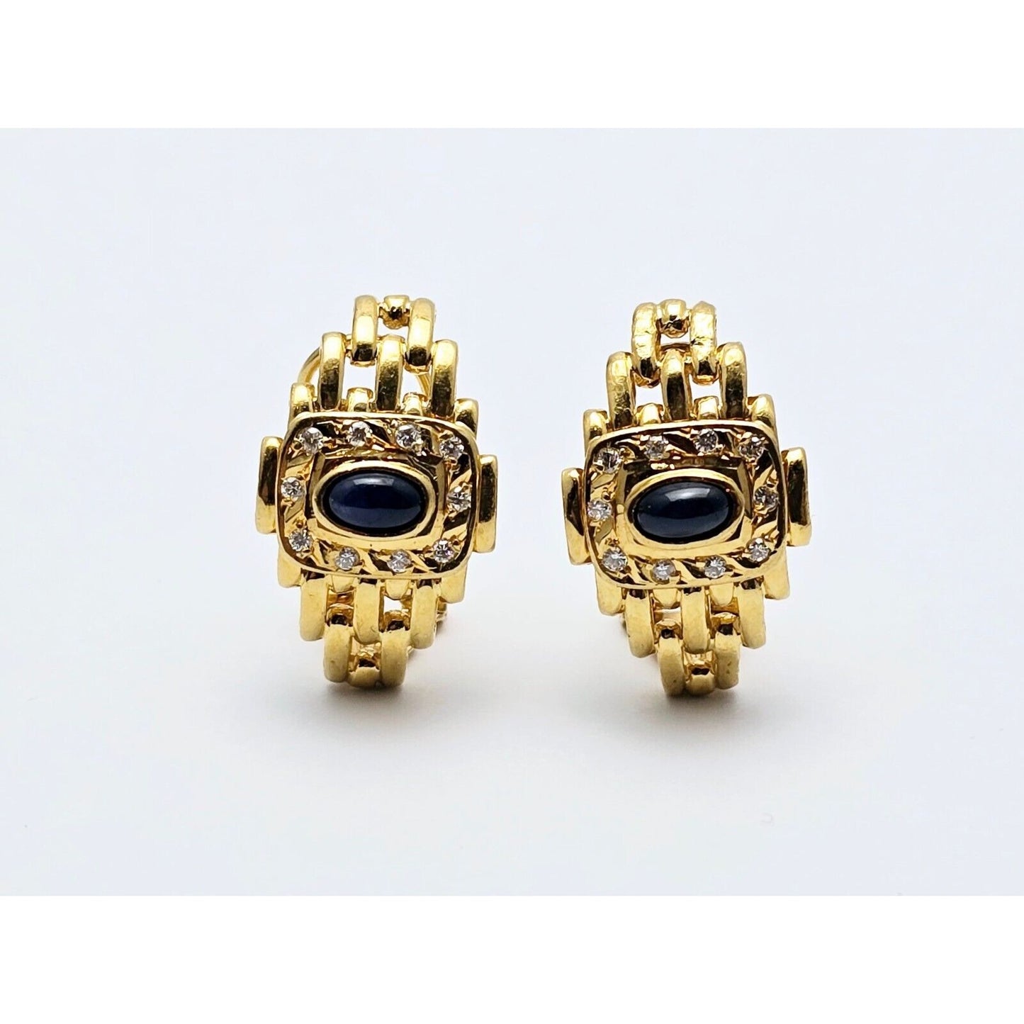 18K Yellow Gold Cabochon Sapphire & Diamond French Clip Earrings