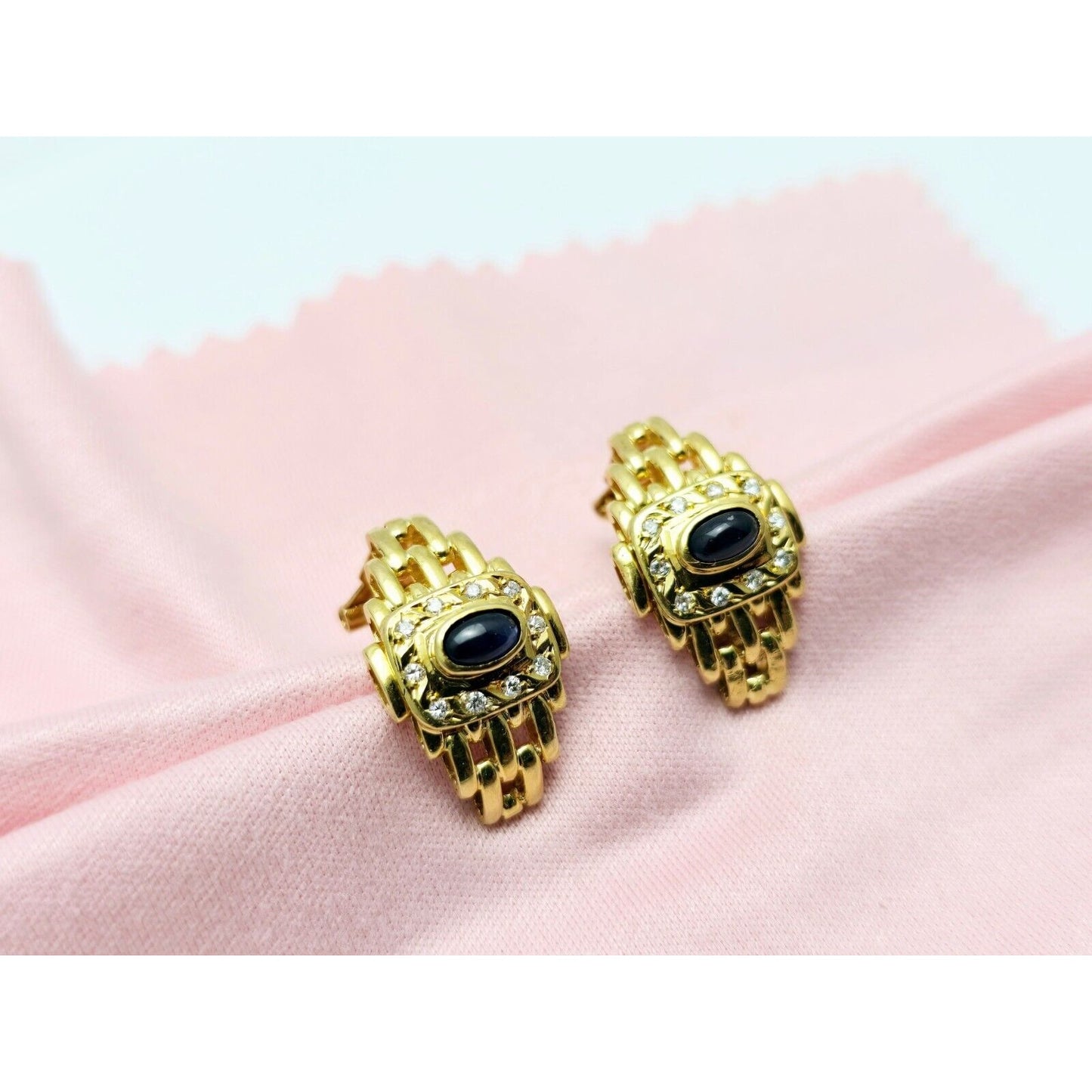 18K Yellow Gold Cabochon Sapphire & Diamond French Clip Earrings