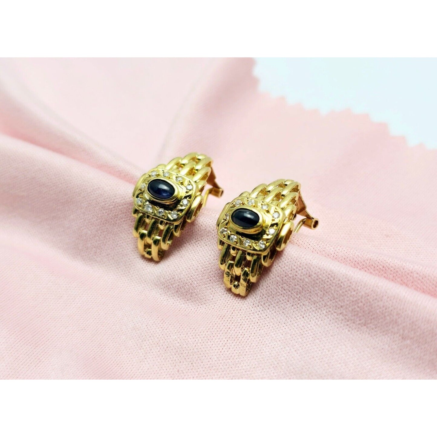 18K Yellow Gold Cabochon Sapphire & Diamond French Clip Earrings