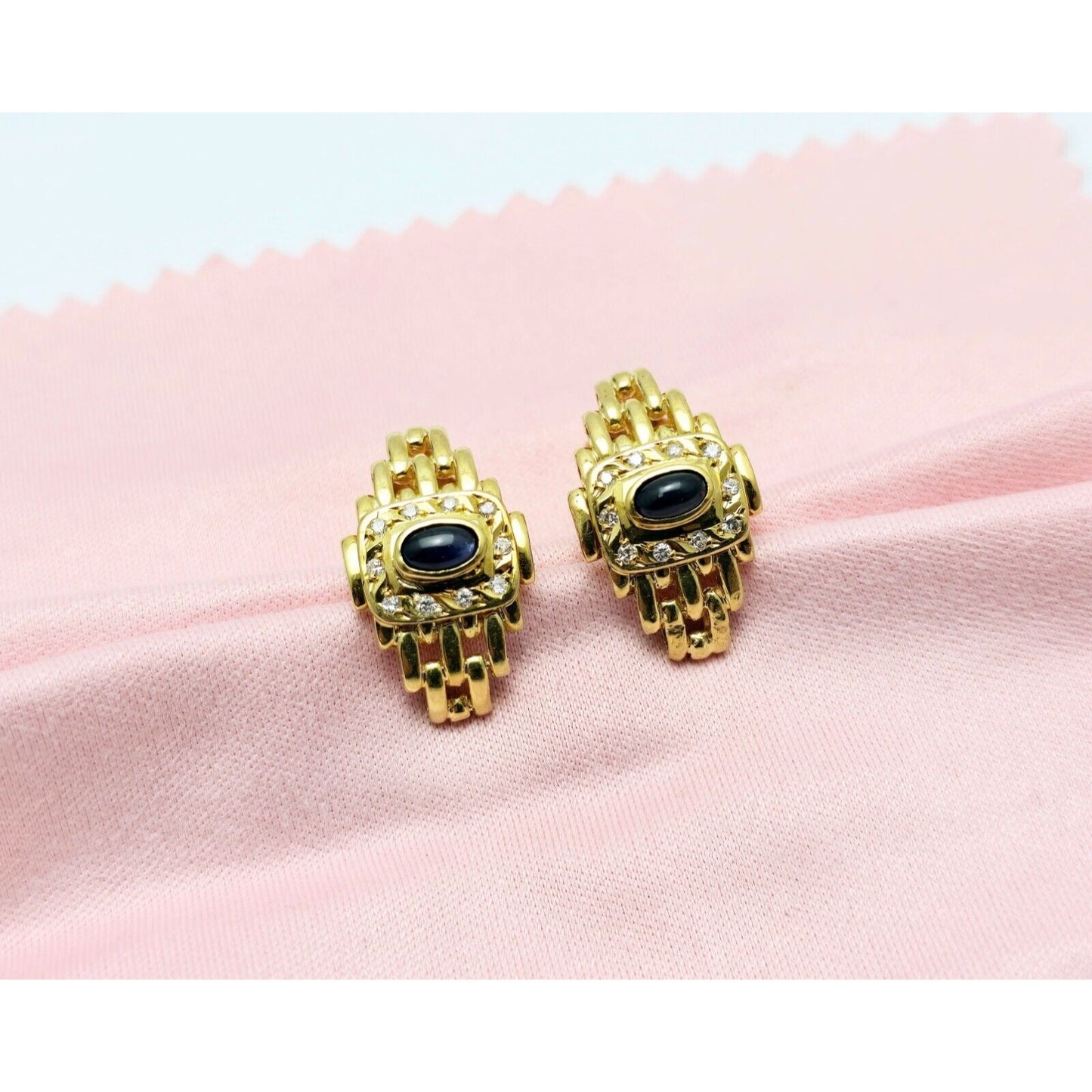 18K Yellow Gold Cabochon Sapphire & Diamond French Clip Earrings