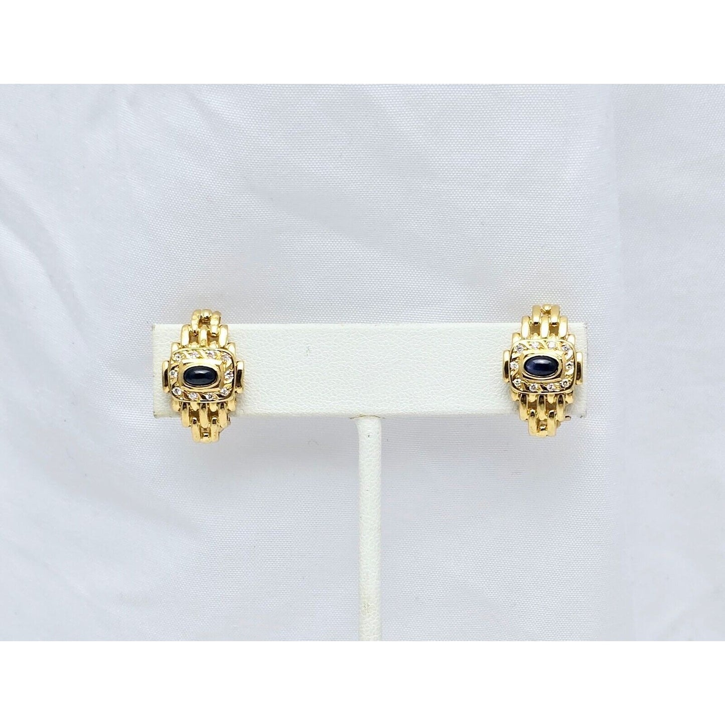 18K Yellow Gold Cabochon Sapphire & Diamond French Clip Earrings