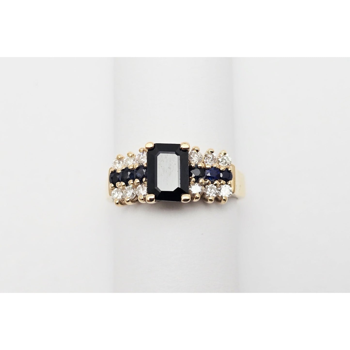 14K Yellow Gold Emerald Cut Sapphire & Round Diamond Ring