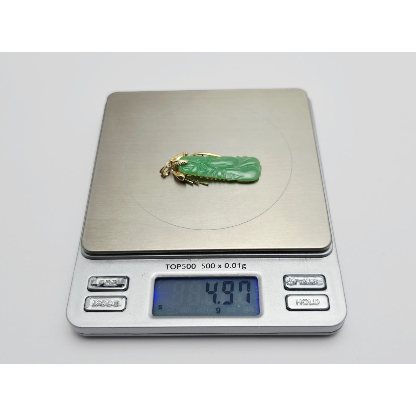 14K Yellow Gold Green Jadeite Jade Carved Floral Charm Pendant