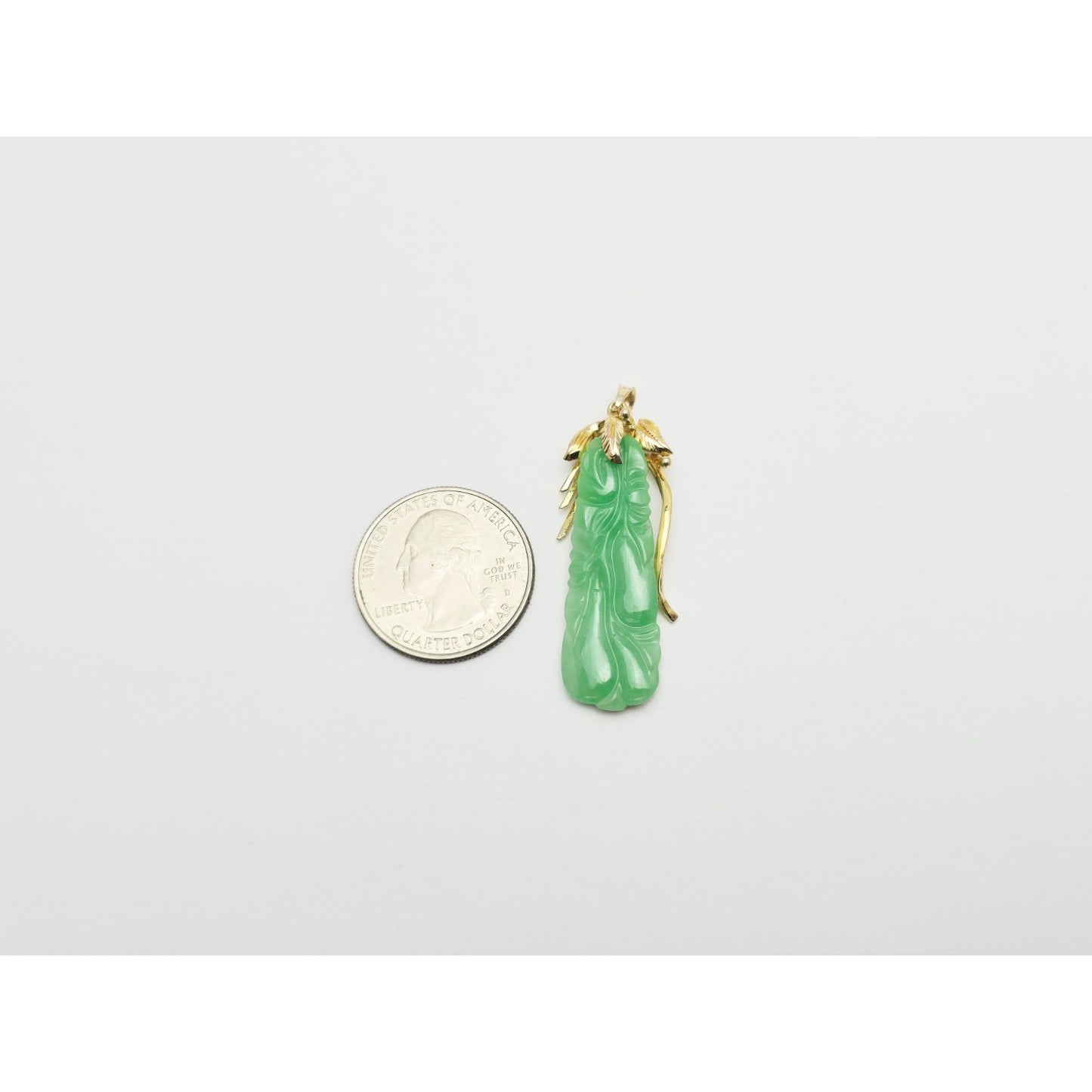 14K Yellow Gold Green Jadeite Jade Carved Floral Charm Pendant