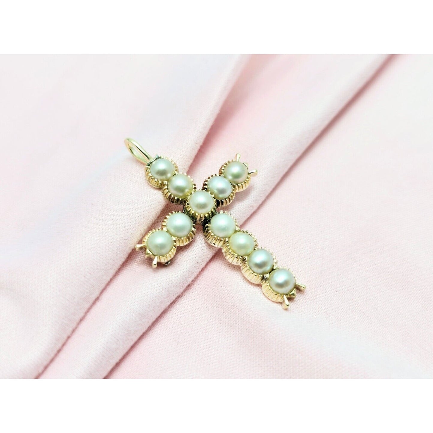 Vintage 14K Yellow Gold Pearl Cross Charm Pendant Brooch Pin