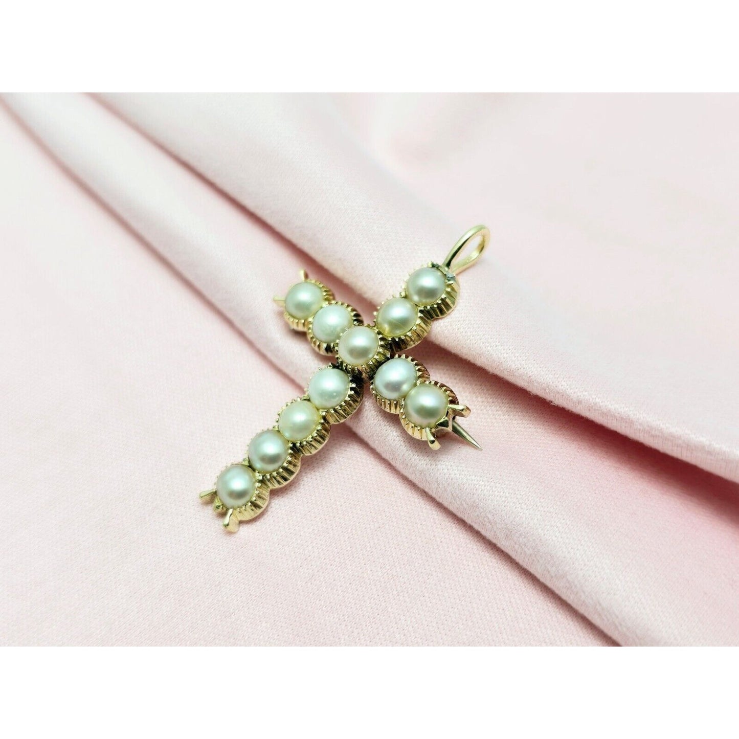 Vintage 14K Yellow Gold Pearl Cross Charm Pendant Brooch Pin