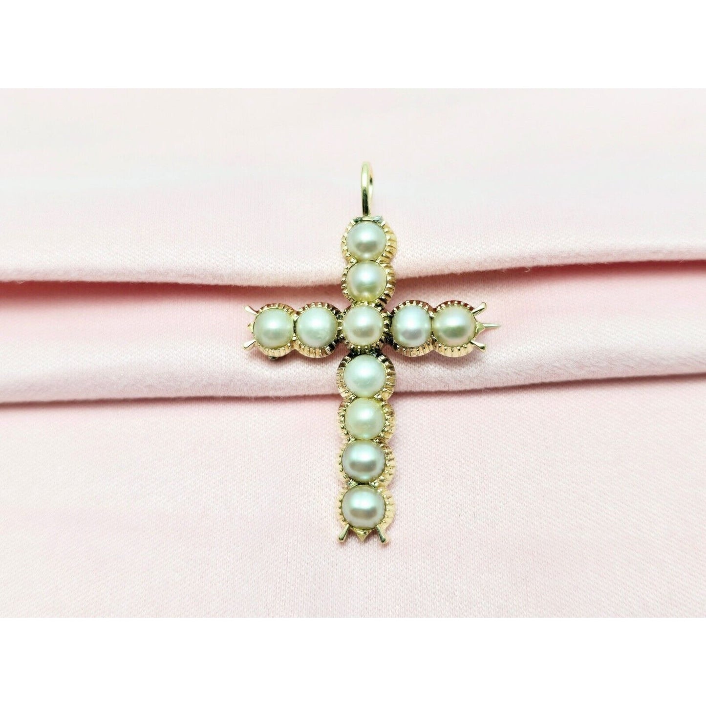 Vintage 14K Yellow Gold Pearl Cross Charm Pendant Brooch Pin