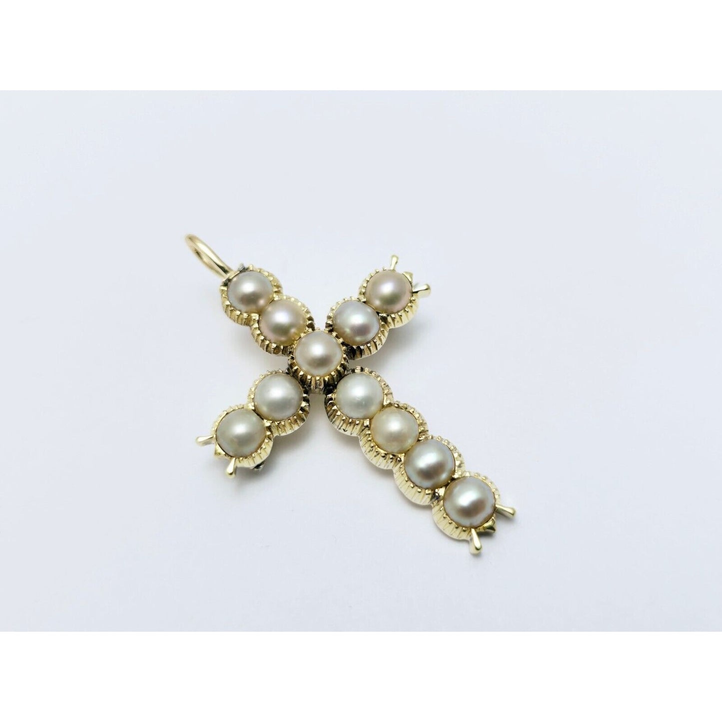 Vintage 14K Yellow Gold Pearl Cross Charm Pendant Brooch Pin