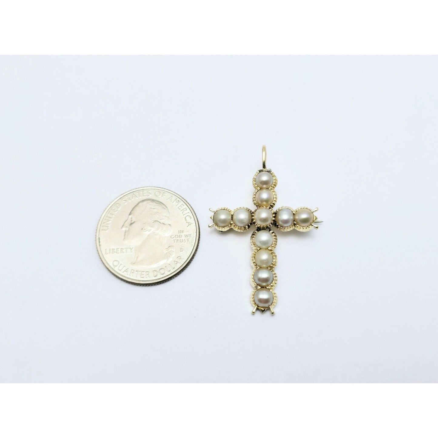 Vintage 14K Yellow Gold Pearl Cross Charm Pendant Brooch Pin