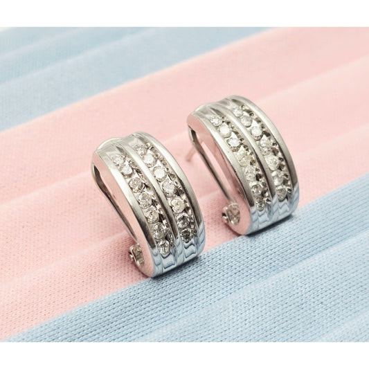 14K White Gold Round Cut Diamond Cluster French Clip Earrings