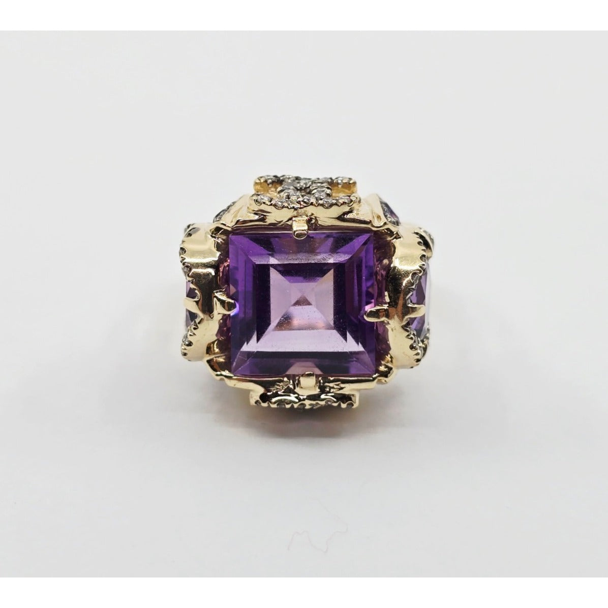 14K Yellow Gold Amethyst & Diamond Chanel Ring