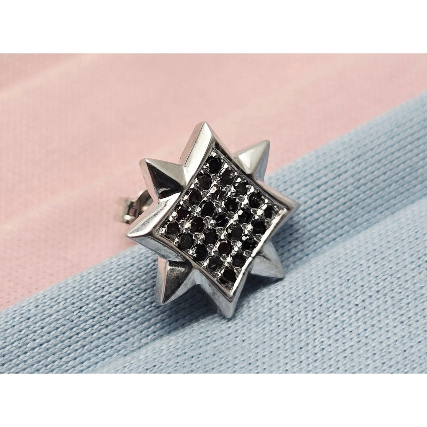 Single 10K White Gold Star Shaped Black Diamond Stud Earring