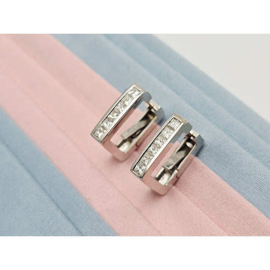 14K White Gold Diamond Square Box Hinged Hoop Earrings
