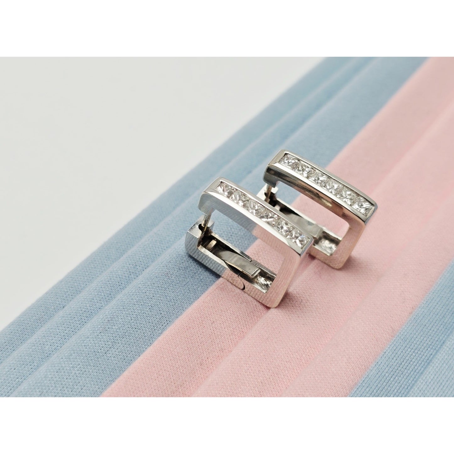 14K White Gold Diamond Square Box Hinged Hoop Earrings