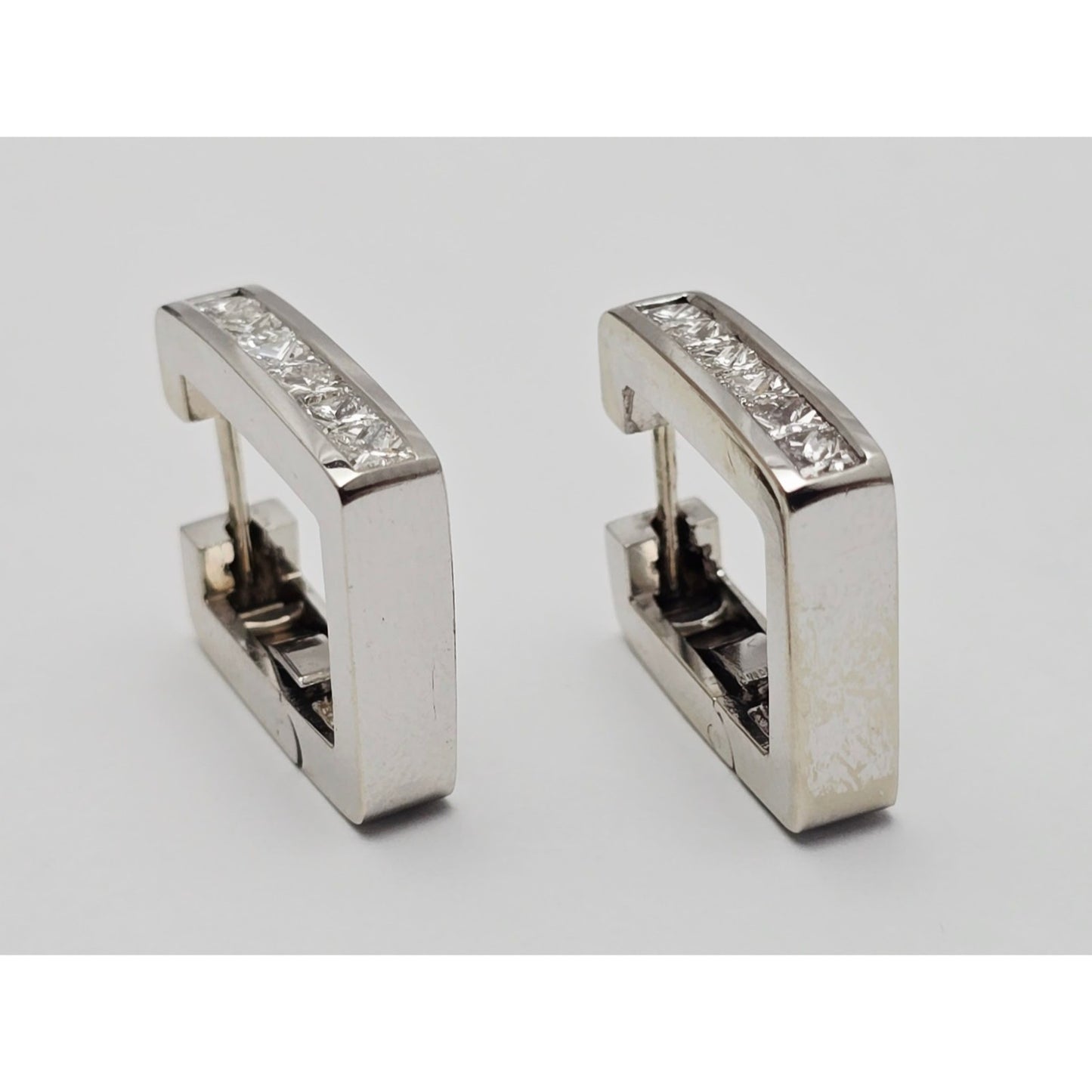 14K White Gold Diamond Square Box Hinged Hoop Earrings