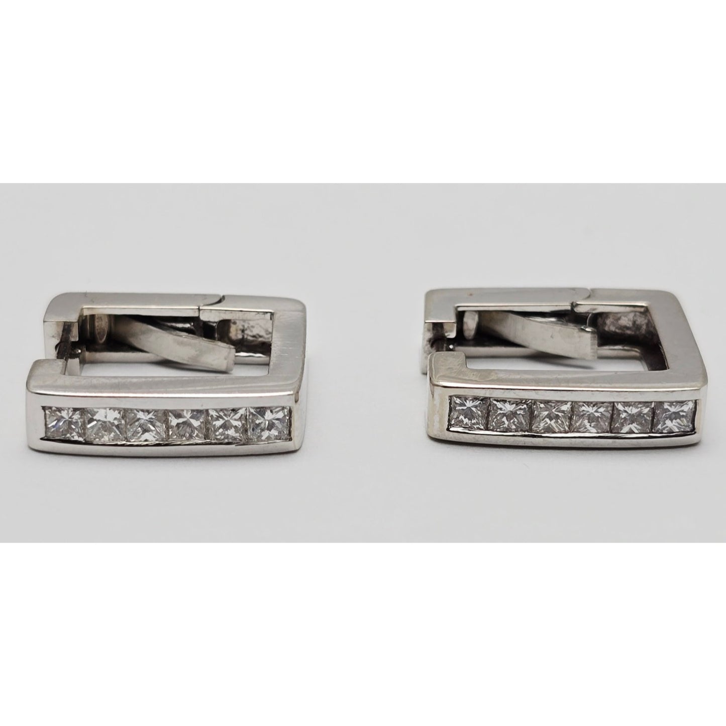 14K White Gold Diamond Square Box Hinged Hoop Earrings