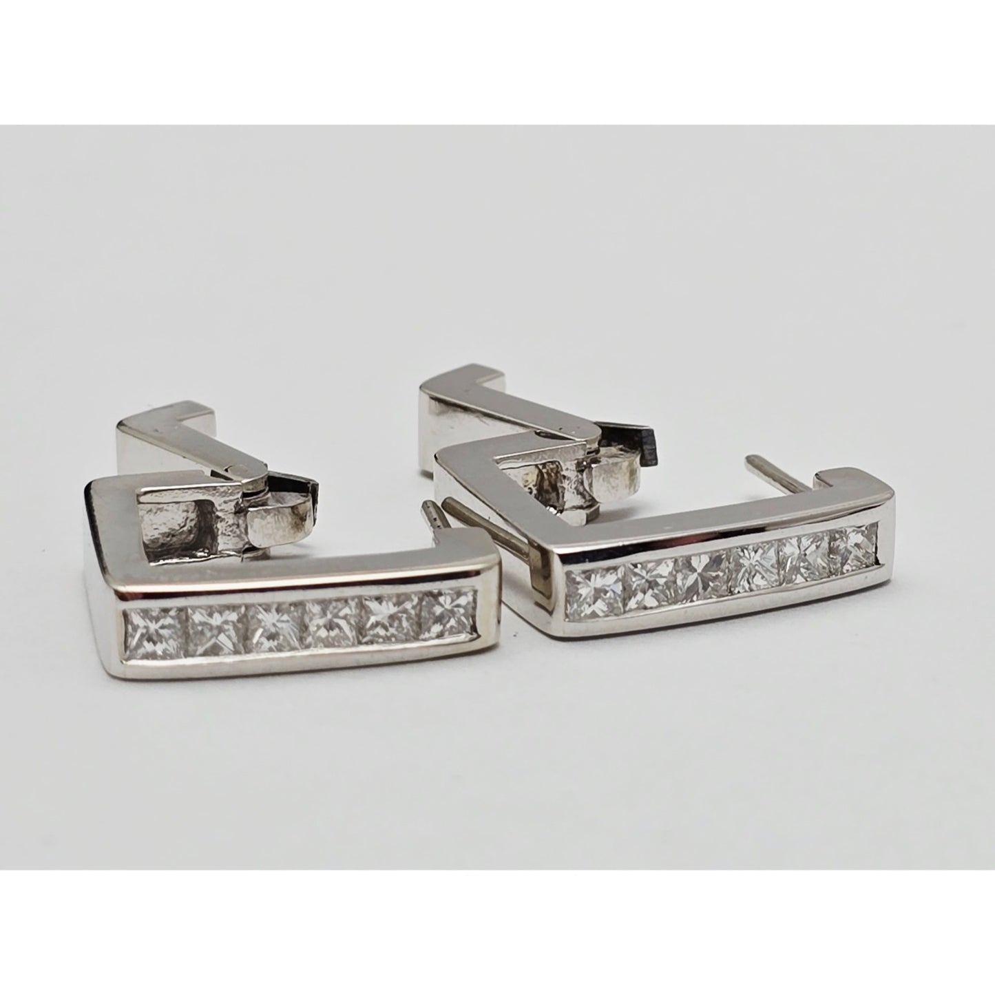14K White Gold Diamond Square Box Hinged Hoop Earrings