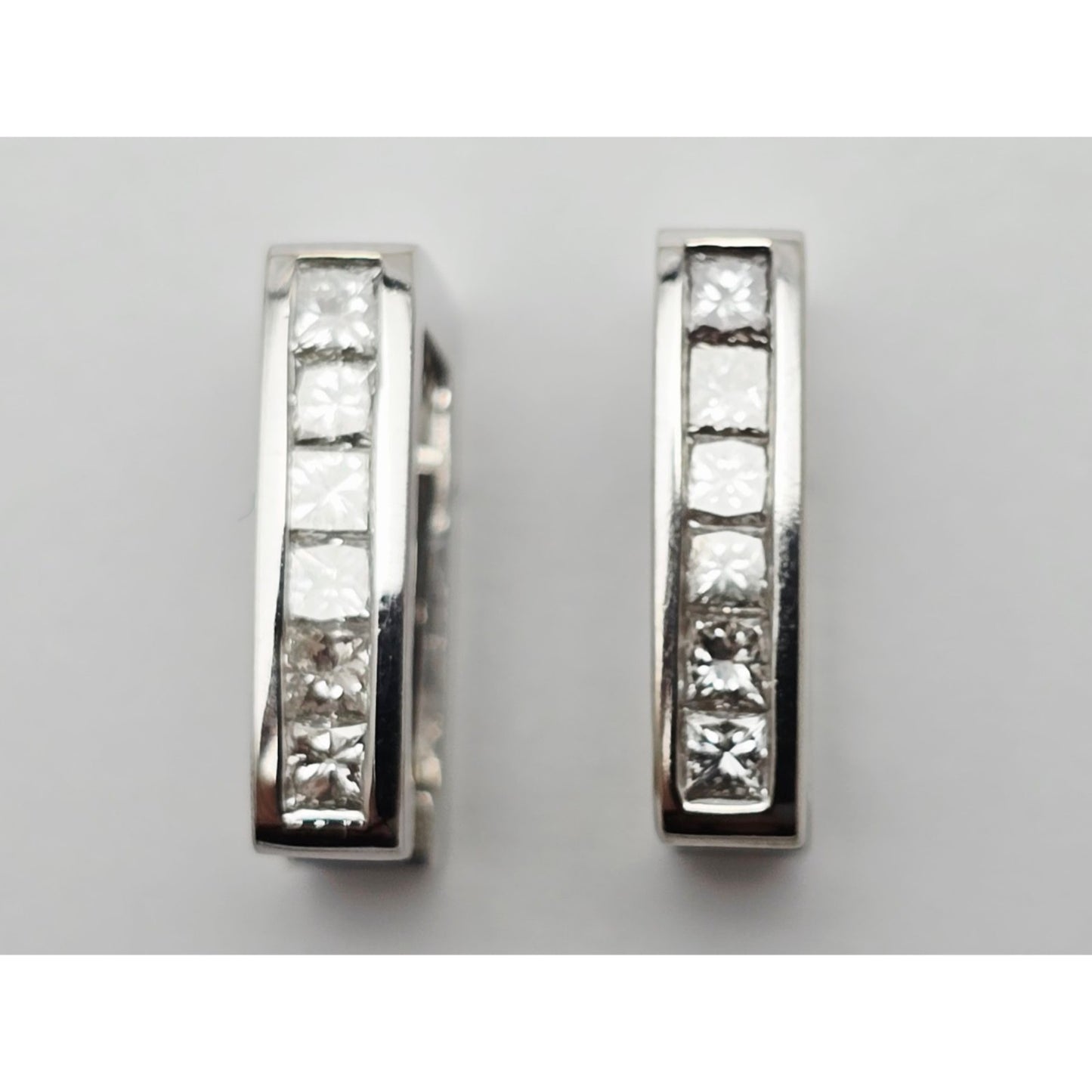 14K White Gold Diamond Square Box Hinged Hoop Earrings