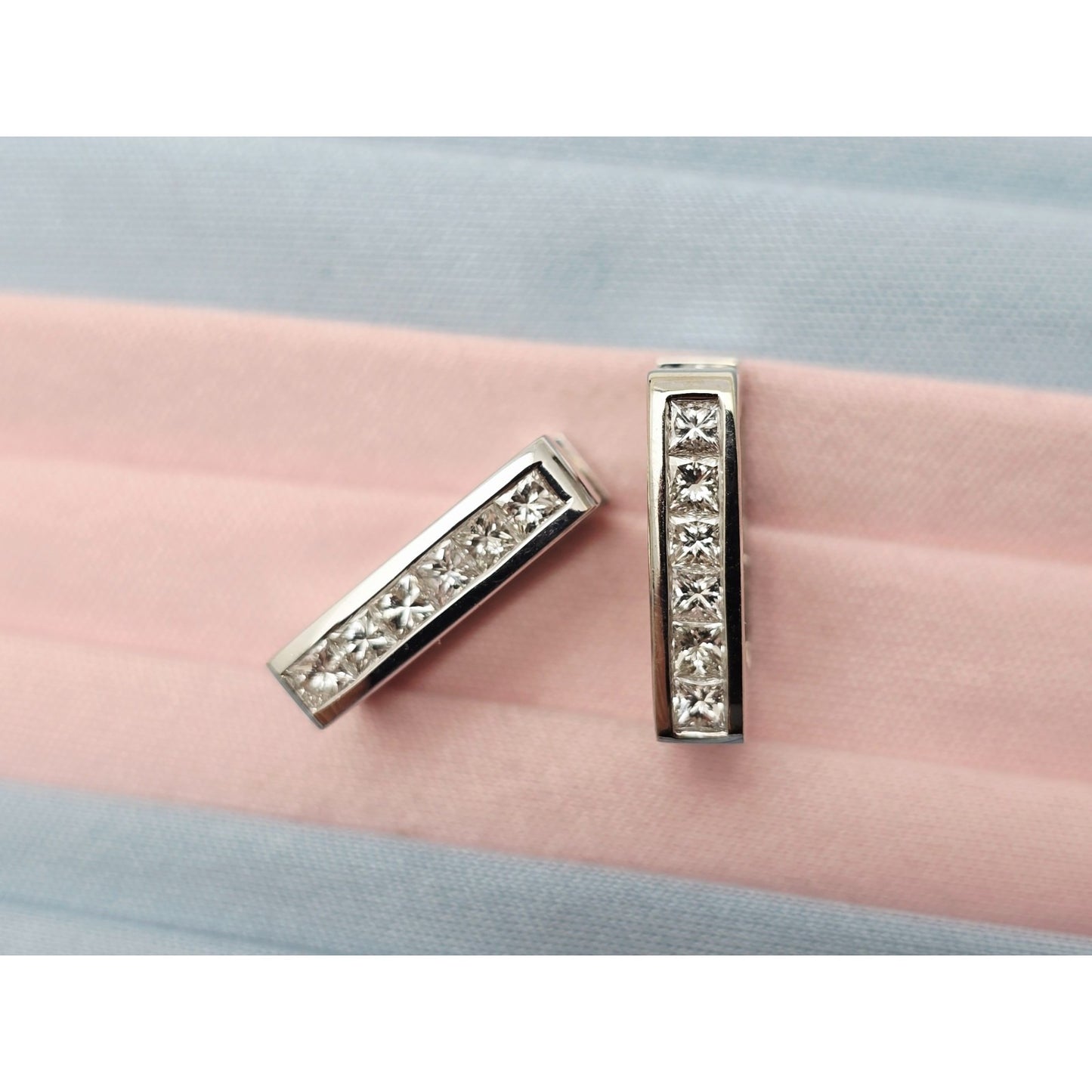 14K White Gold Diamond Square Box Hinged Hoop Earrings