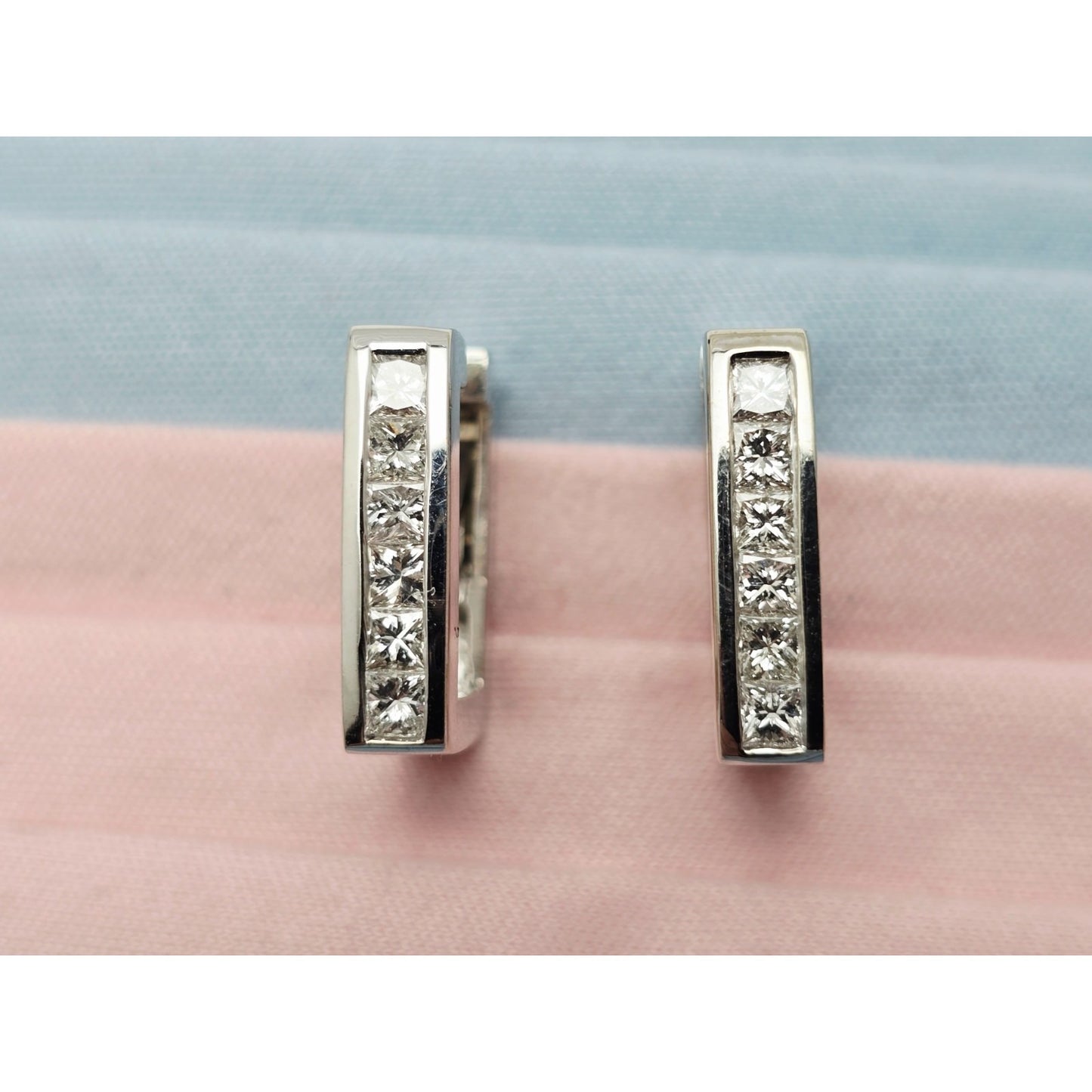 14K White Gold Diamond Square Box Hinged Hoop Earrings