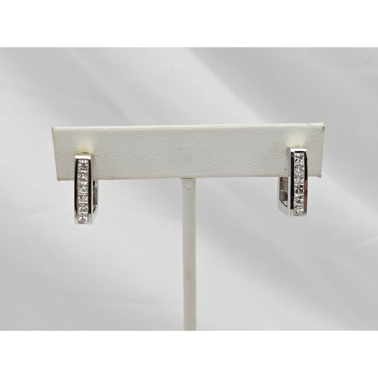 14K White Gold Diamond Square Box Hinged Hoop Earrings