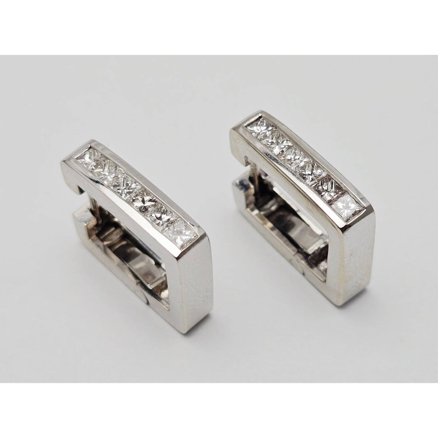 14K White Gold Diamond Square Box Hinged Hoop Earrings