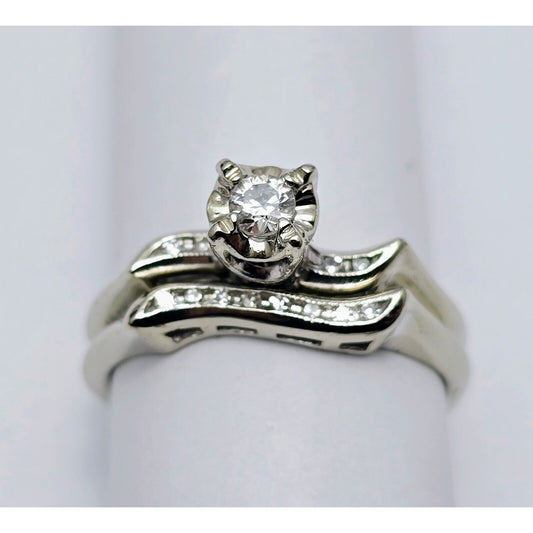 14K White Gold Ladies Wedding Solitaire Round Cut Diamond Ring Set