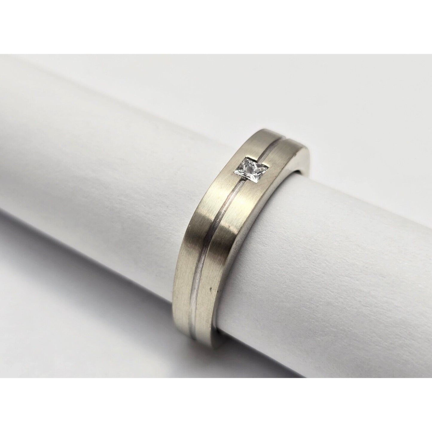 14K White Gold Matte Finish Comfort Diamond Square Wedding Band Ring