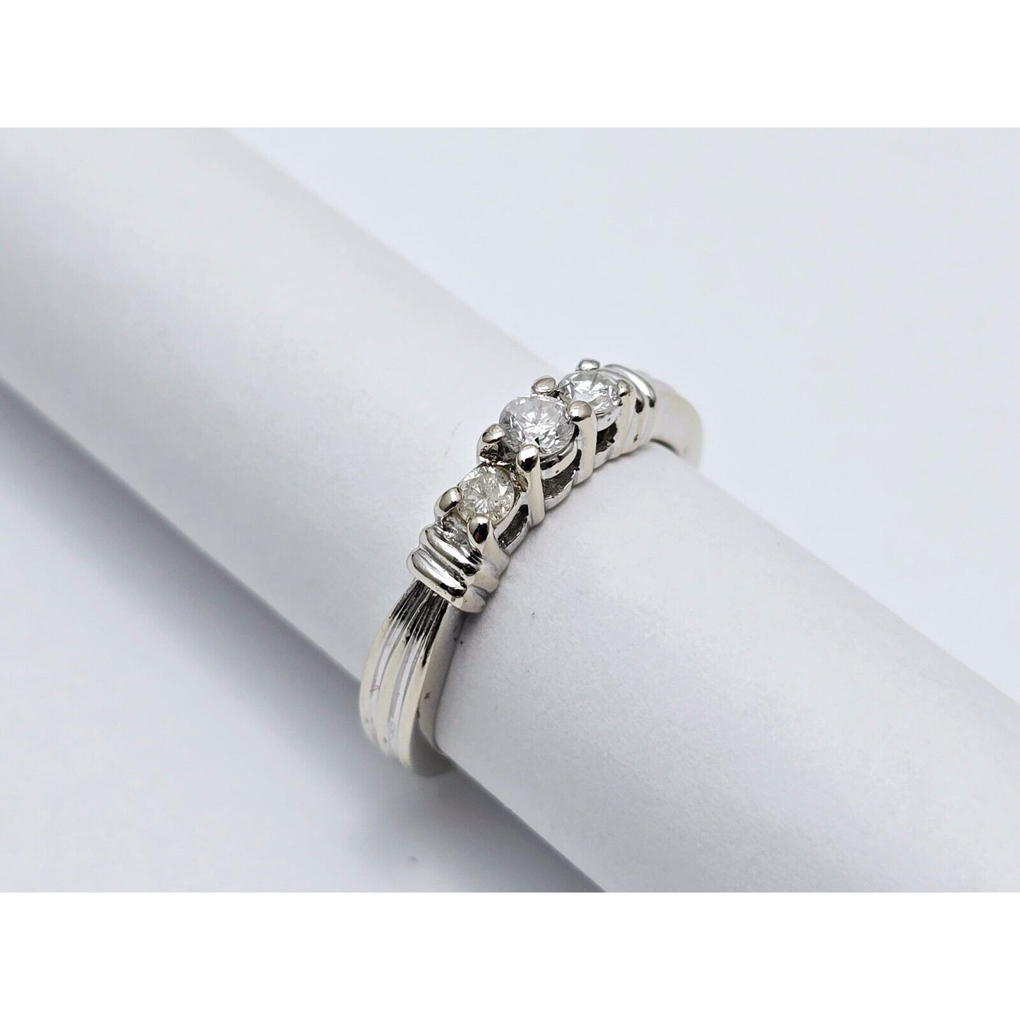 14K White Gold Round Cut 3 Stone Diamond Ring