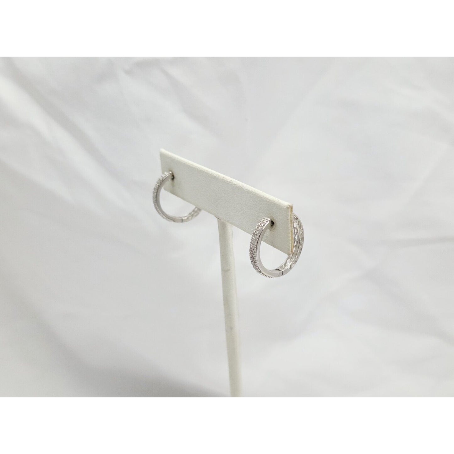 10K White Gold Small Round Diamond Hinged Hoop Earrings