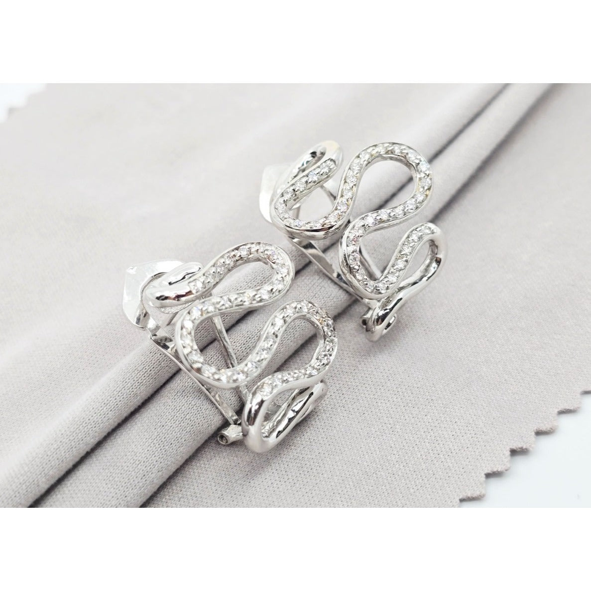 18K White Gold Serpentine Snake Wavy Diamond French Clip Earrings