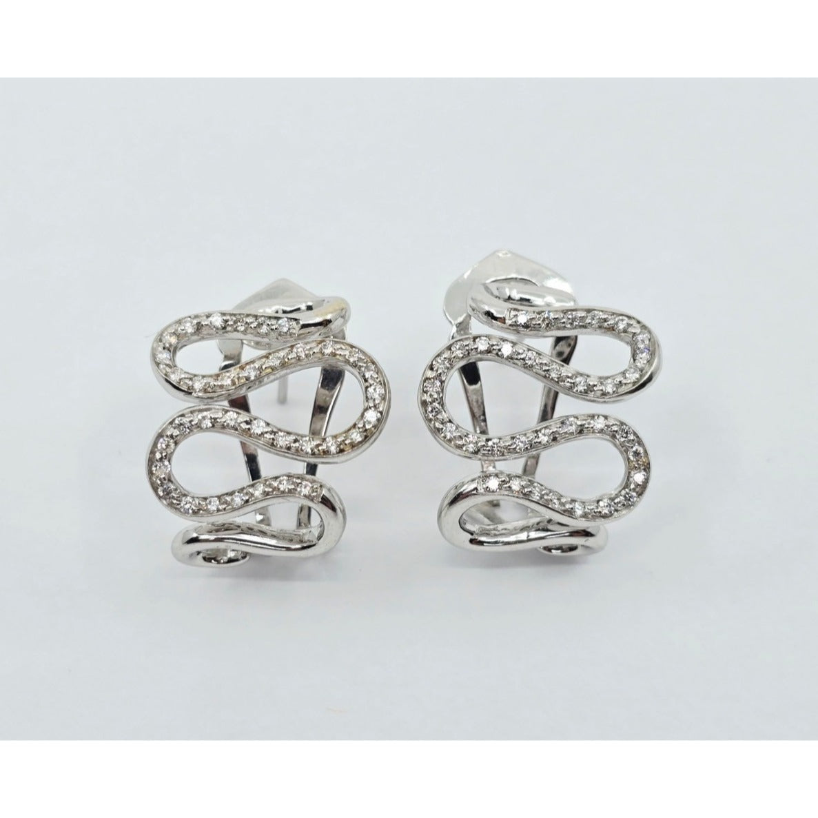 18K White Gold Serpentine Snake Wavy Diamond French Clip Earrings