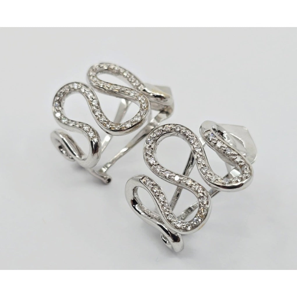 18K White Gold Serpentine Snake Wavy Diamond French Clip Earrings