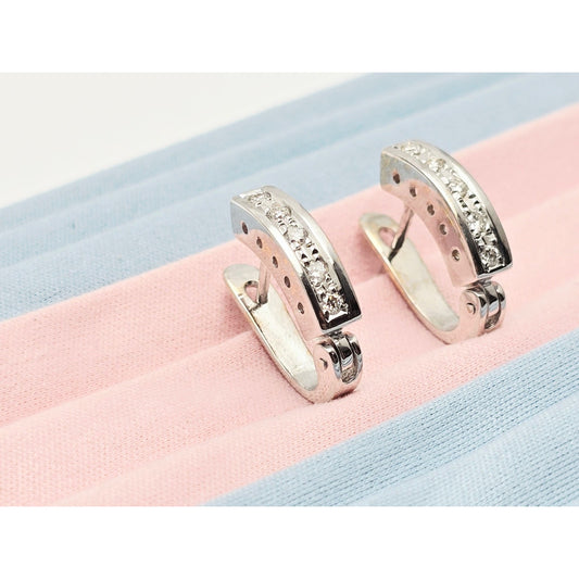14K White Gold Round Cut Diamond Hinged Half Hoop Earrings
