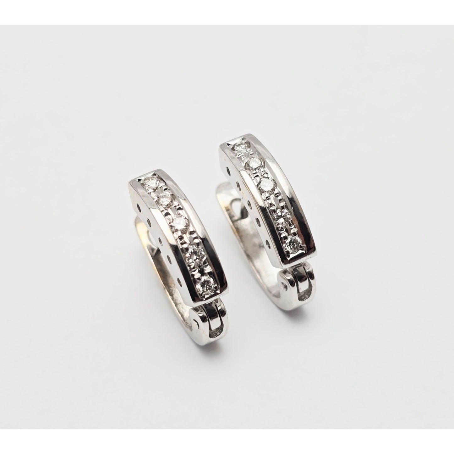 14K White Gold Round Cut Diamond Hinged Half Hoop Earrings