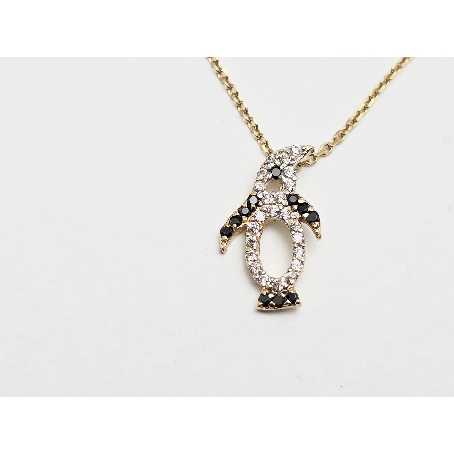 14K Yellow Gold Cable Link Chain Necklace & Penguin CZ & Onyx Charm Pendant
