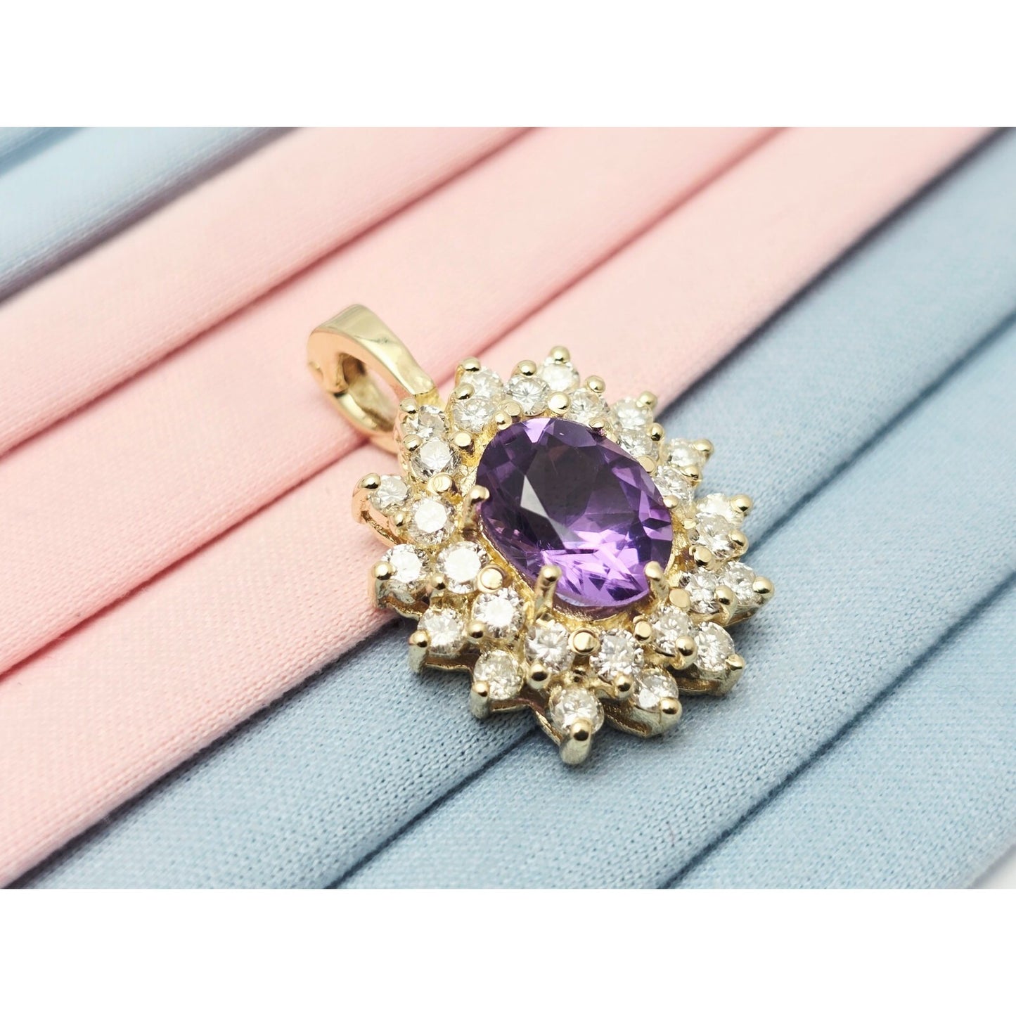 14K Yellow Gold Flower Halo Amethyst & Diamond Drop Charm Pendant